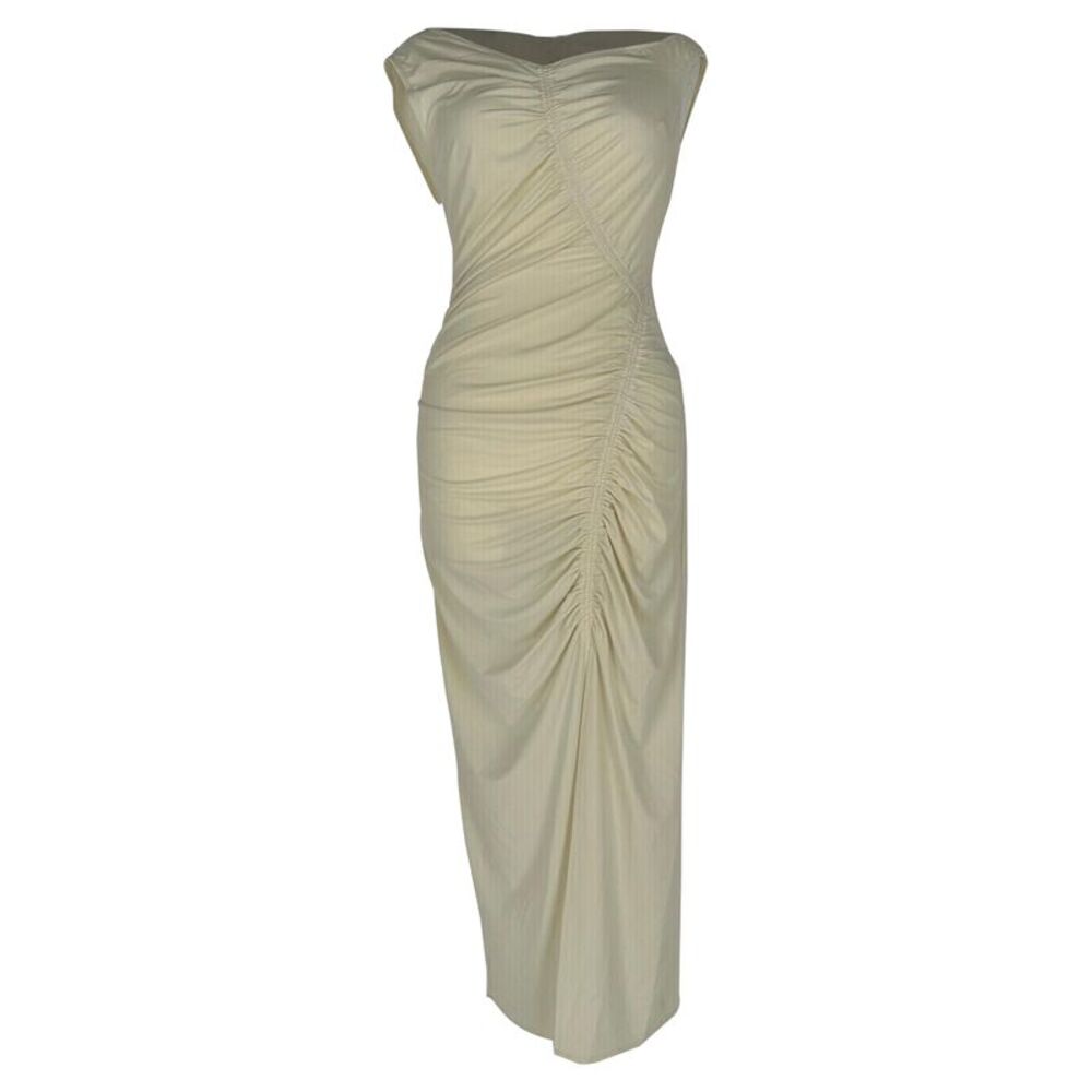 Self-Portrait Gathered Asymmetric Midi Dress in Cream Polyester